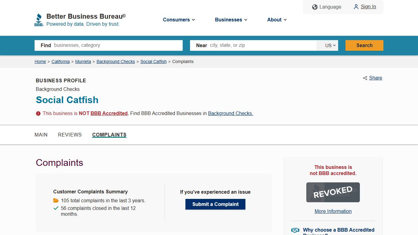 Social Catfish BBB Complaints Better Business Bureau